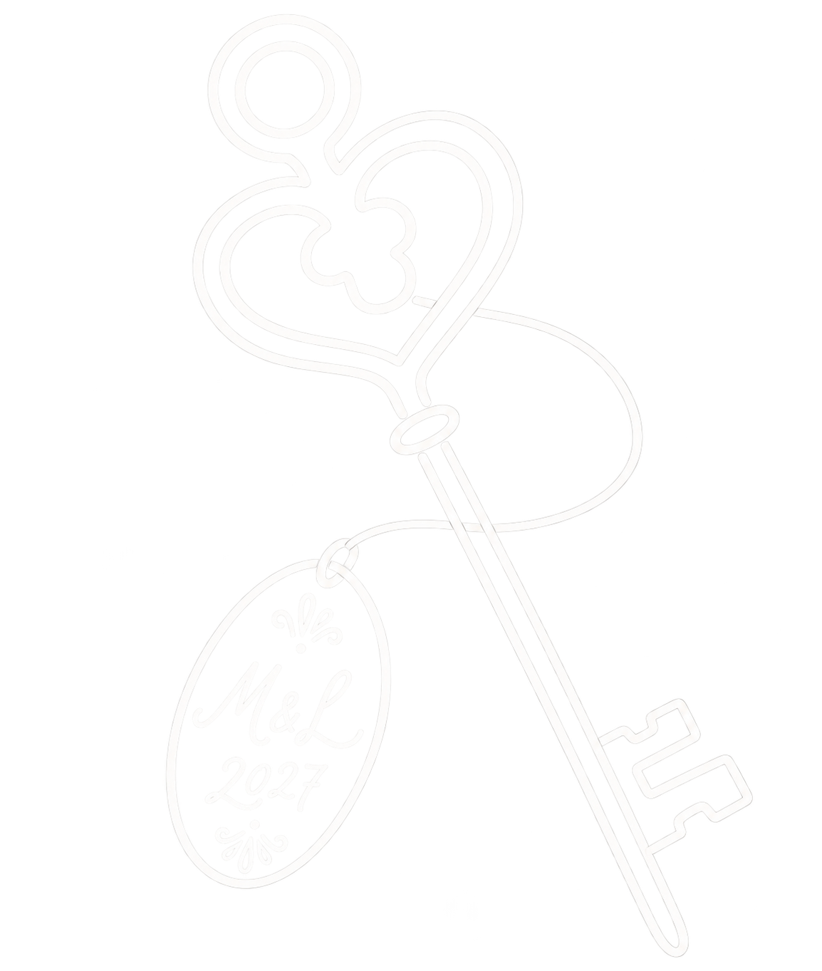 Illustration av en nyckel med en hjärtformad nyckelring, M & L och 2027